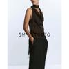 Fall Women's Clothing Sexy Draping Neckline Halter Spaghetti Straps Decorated Tassel Silk Satin Texture Tops 1165269