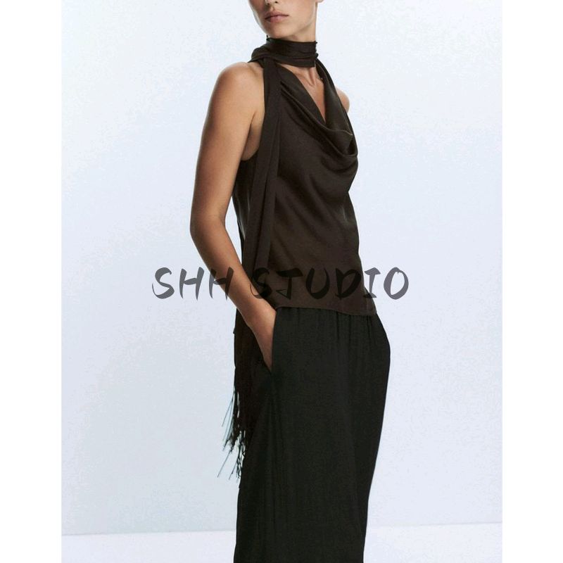 Fall Women's Clothing Sexy Draping Neckline Halter Spaghetti Straps Decorated Tassel Silk Satin Texture Tops 1165269