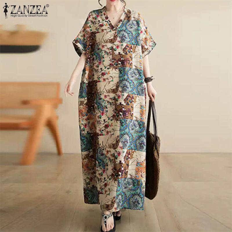 ZANZEA Womens Vintage Short Sleeve Floral Print Casual Long Dress