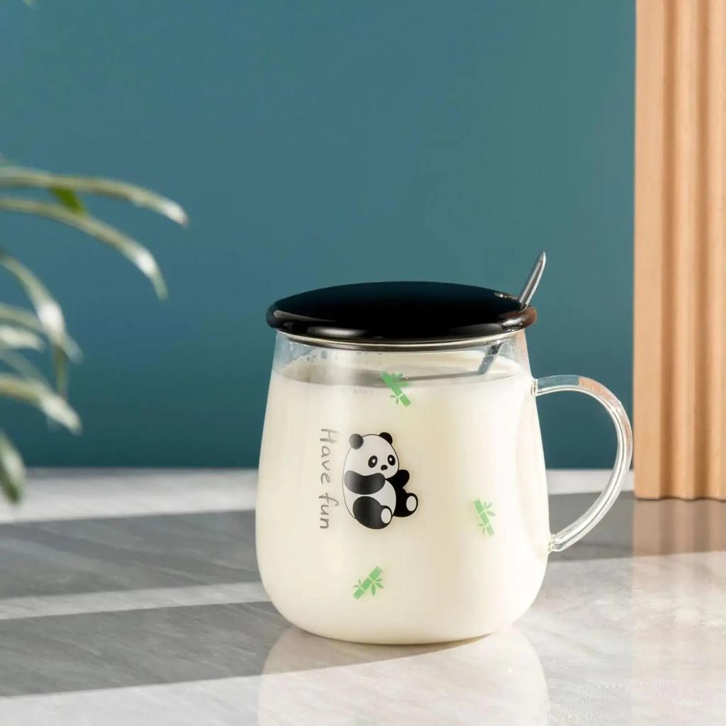 Kawaii Cups Cute Panda Glass Cup With Straw Cap Spoon Coffee Breakfast Cup Beer Mug Cups and Mugs Free Shipping Drinking Glasses