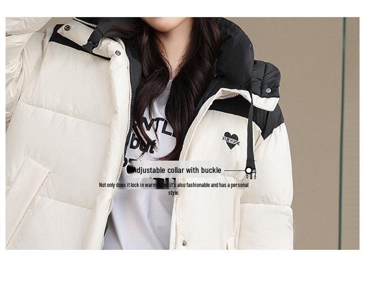 Damen Daunenmantel im koreanischen Stil mit Farbblockdesign und Kapuze - Mittellang, Überknie, Locker, Dick, Kältefest Winteroberbekleidung