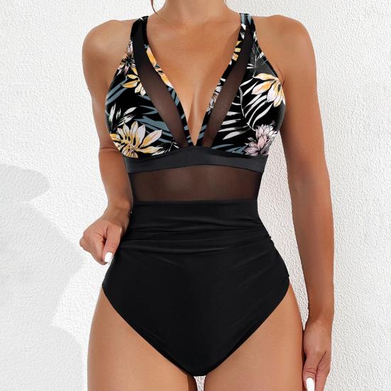 Dame Sommer Badedrakt i ett stykke Sexy Dyp V-hals Ryggløs Badedrakt Mesh Søm Patchwork Farge Monokini Strandklær