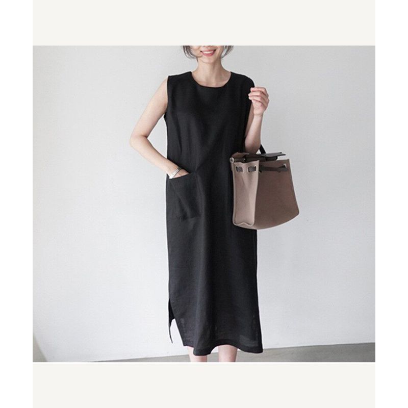 Women s Casual Straight Loose Linen Dress, Artistic Retro Cotton-Linen Dress, Sleeveless Vest Linen Dress Black S
