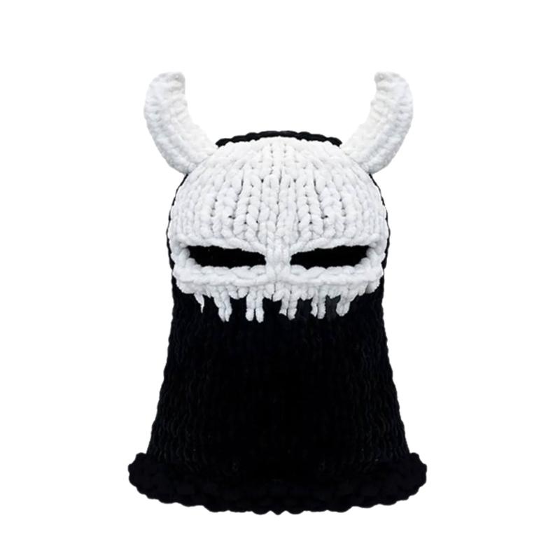 

Half Facecover Hat for Teens Adult Fashion Crochet 2000s Horned Hat Winter Warm Windproof Hat Masquerades Party Headwear