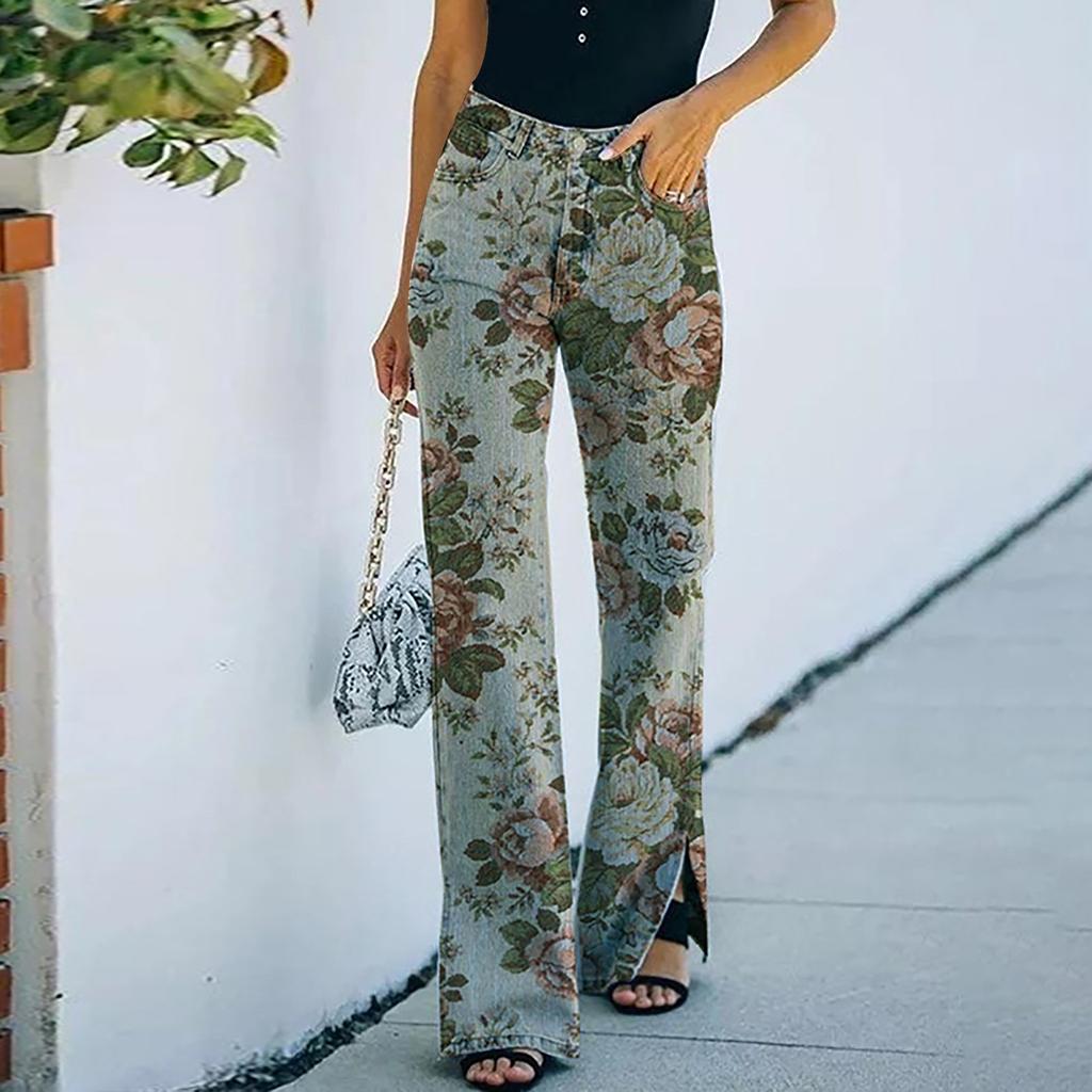 Ladies Casual Wide Leg Pants Straight Leg Pants Beltless High Waist Pants