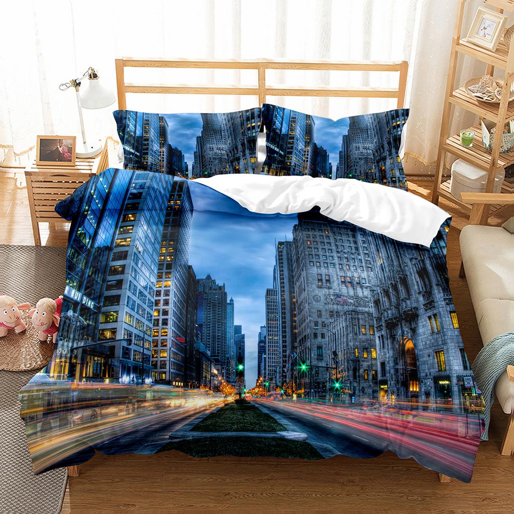 Cityscapes King Queen Duvet Cover Tall Buildings Landscape Bedding Set Busy Traffic View Quilt Cover Polyester Comforter Cover
