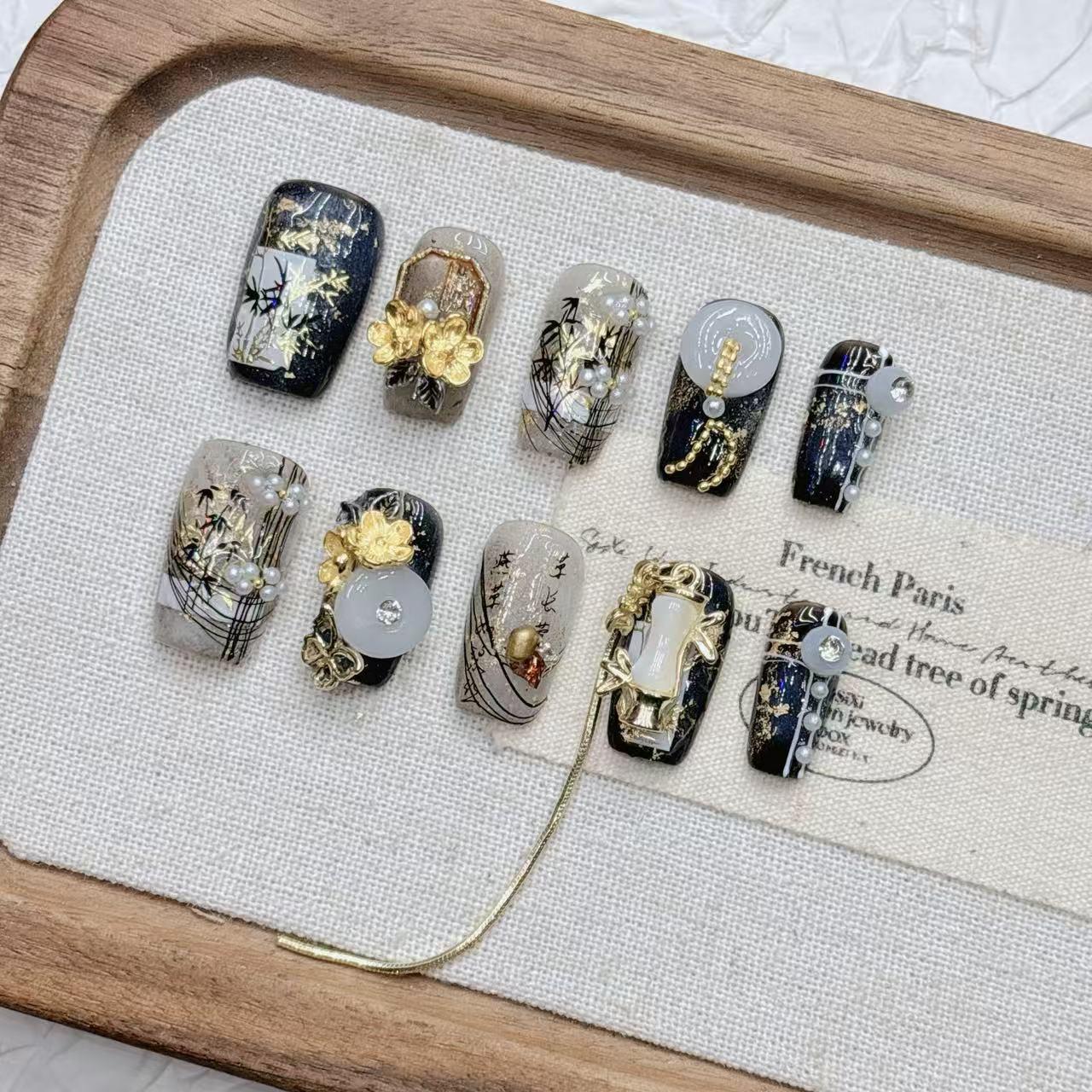 New Chinese Style Bamboo Almond Fake Nails - Handmade Wearable Whitening Tips