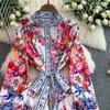 Frühling Herbst Damen Vintage Print Designer Laufstegkleid Übergroß Locker Einreihig Lang Maxi Partykleid für Abschlussfeier