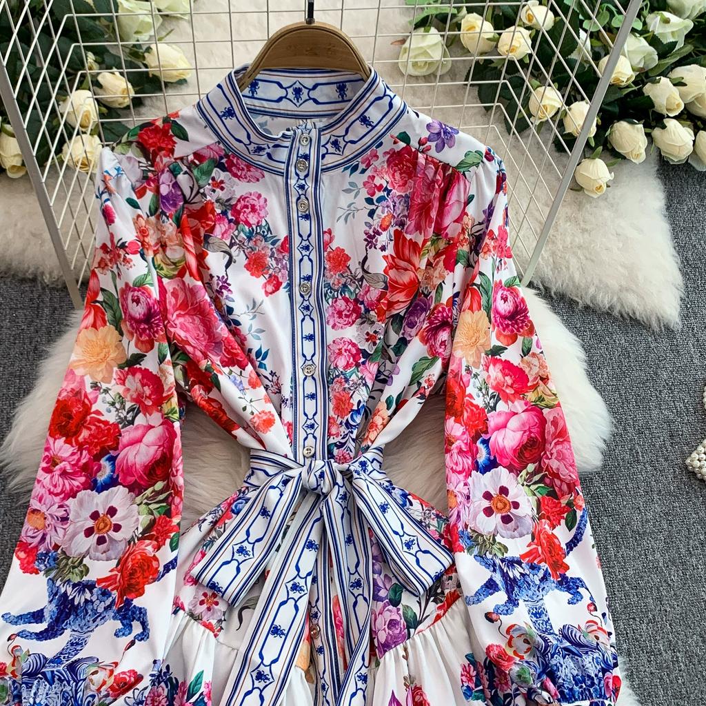 Frühling Herbst Damen Vintage Print Designer Laufstegkleid Übergroß Locker Einreihig Lang Maxi Partykleid für Abschlussfeier