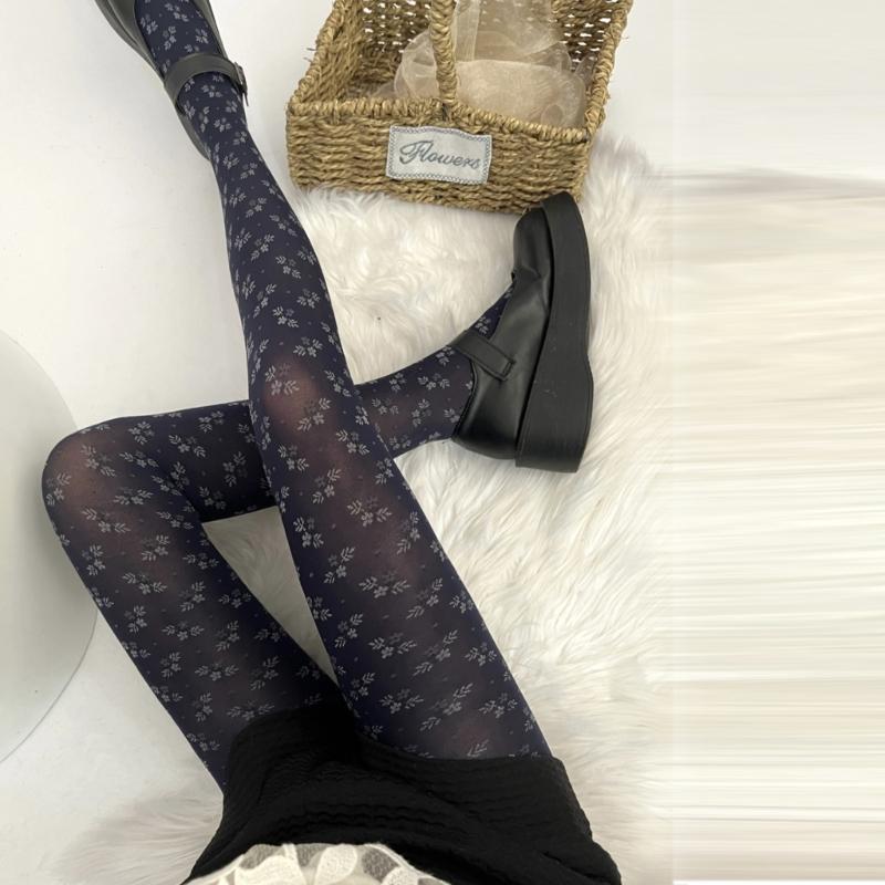 Women Japanese Style JK Vintage Floral Pattern Tights Winter Fall Sweet Girl Jacquard Silky Pantyhose Stockings Leggings