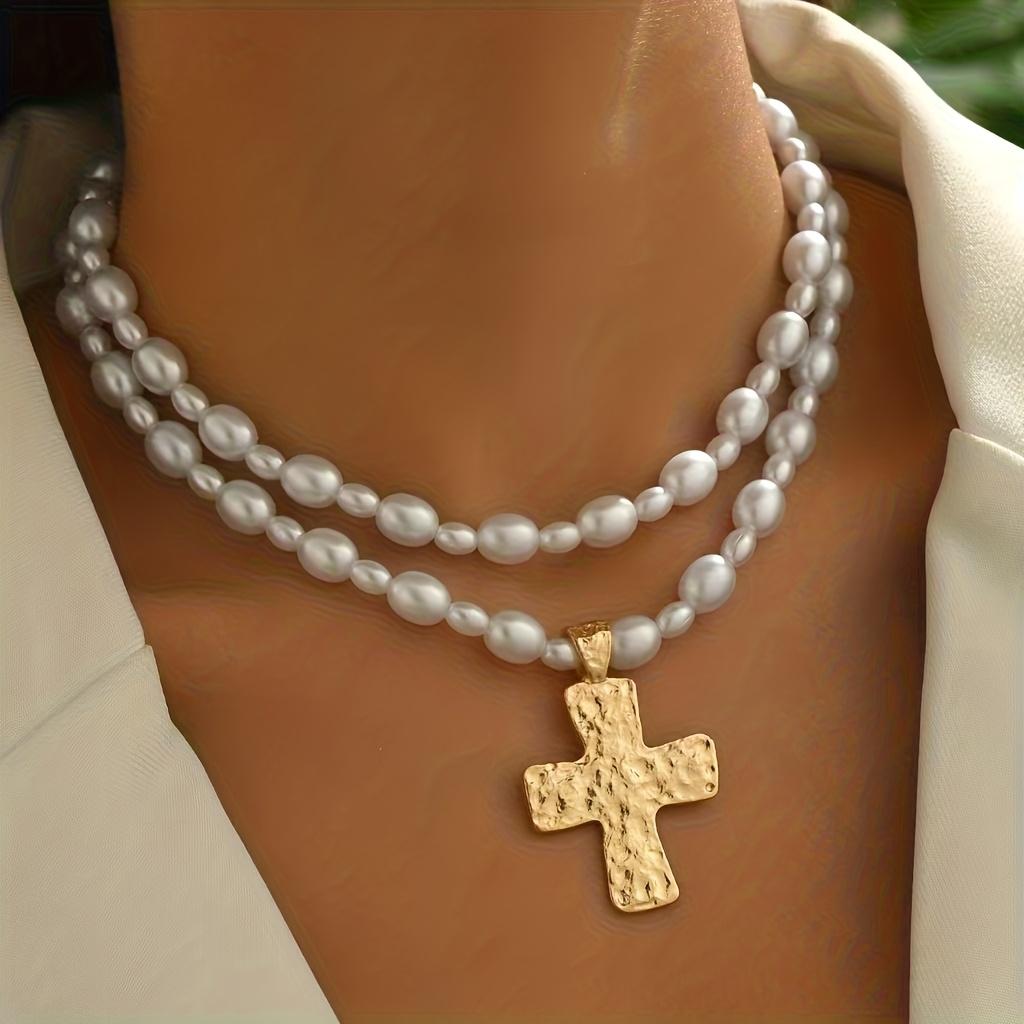 2pcs Necklace Set with and Irregular Cross Pendant, Exaggerated and  Vintage Elegant Multi-Layer Layered Sweater Chain for Women золотистый