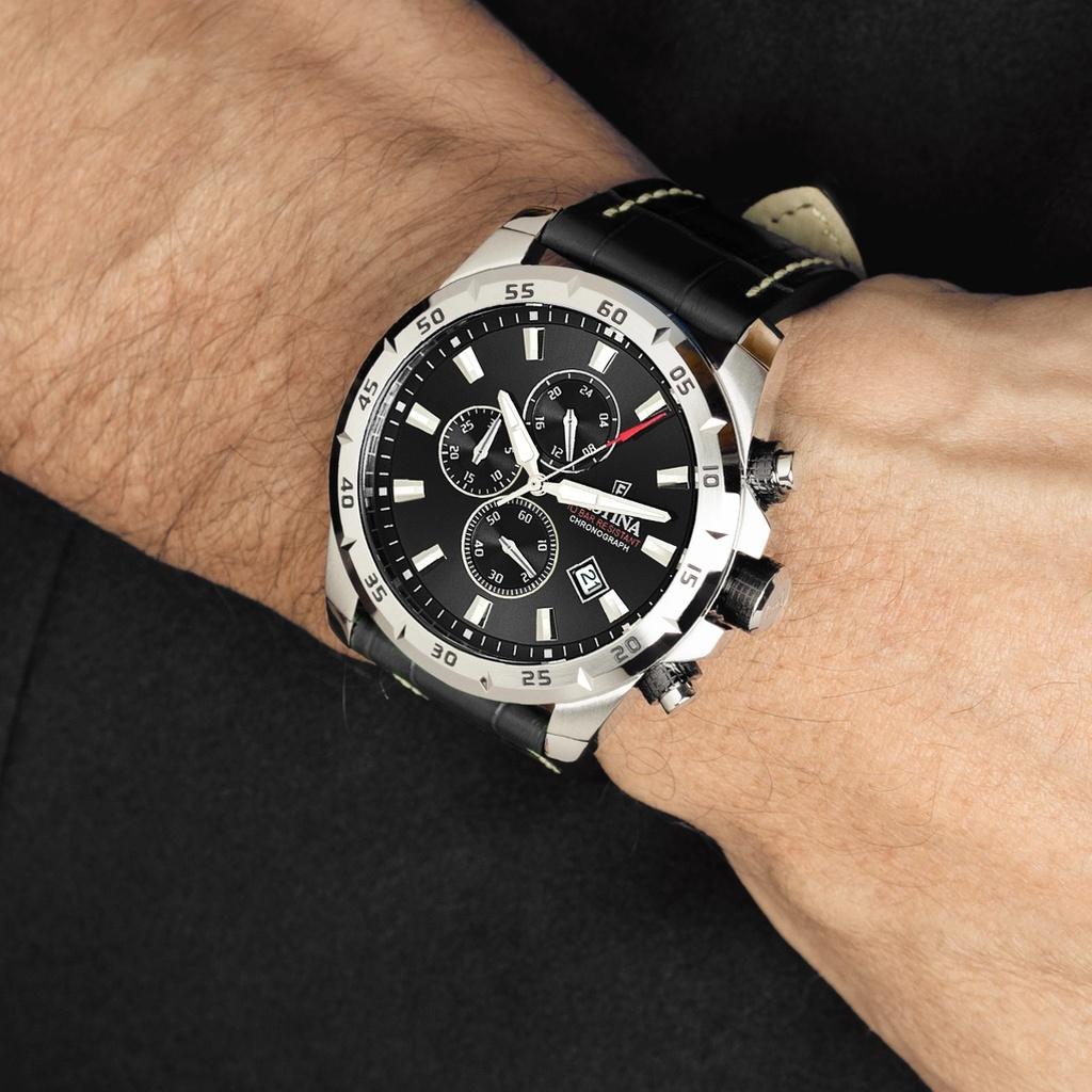 FESTINA Tidløs Kronograf Lærreim Svart Skive Kvarts F20692-4 100M Herreklokke