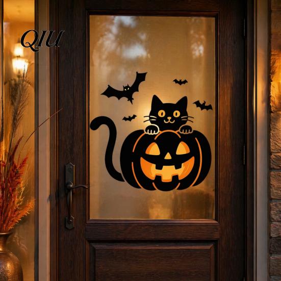 Easy to Apply Seasonal Wall Stickers Halloween Pumpkin Sticker, Black Cat on with Flying Bats Decal, Holiday Decor for Floor Ceiling Windows