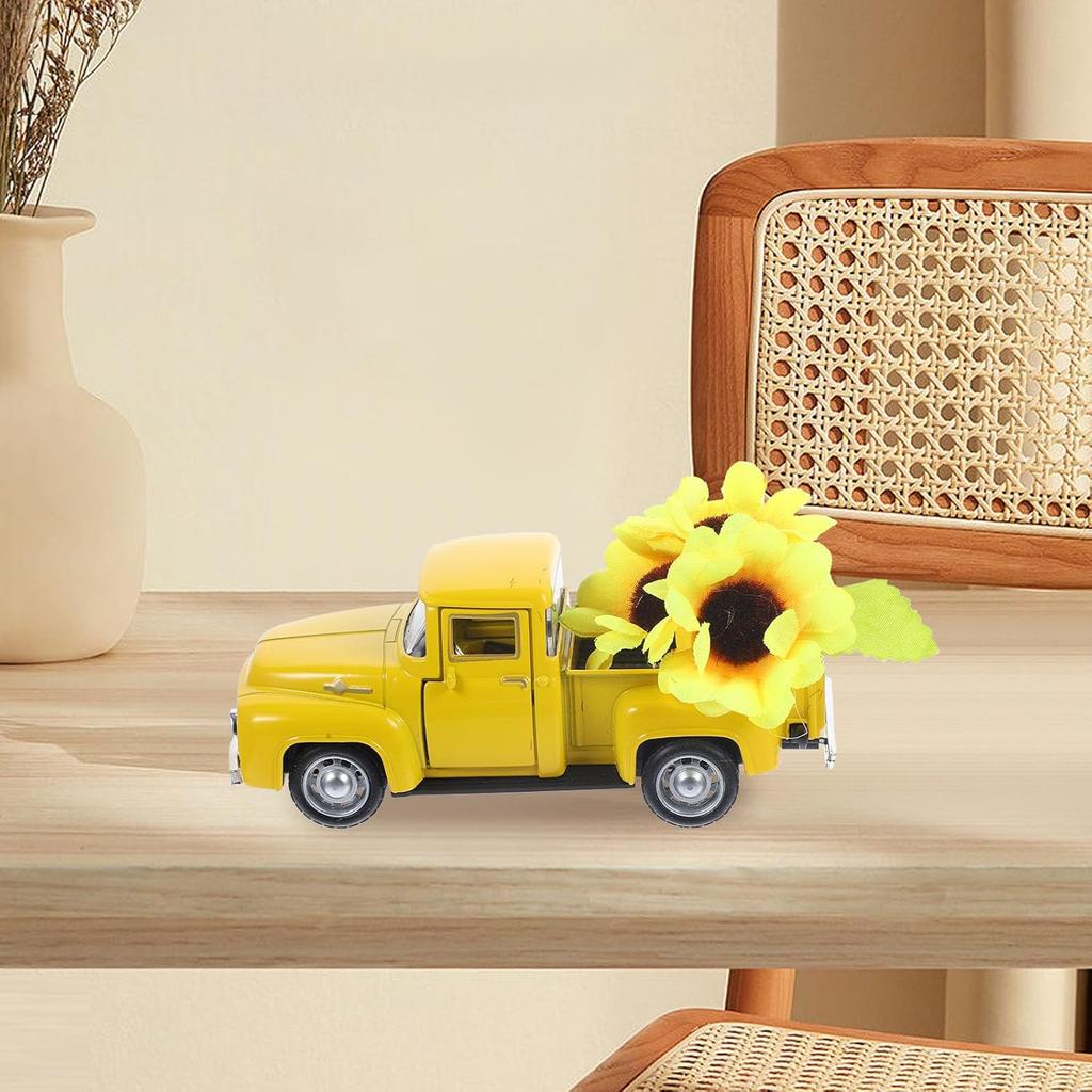BESPORTBLE Farmhouse Yellow Truck, Vintage Truck Decor Yellow Truck with Flowers Rustic Metal Decorative Truck with Flowers for Home Table Decoration