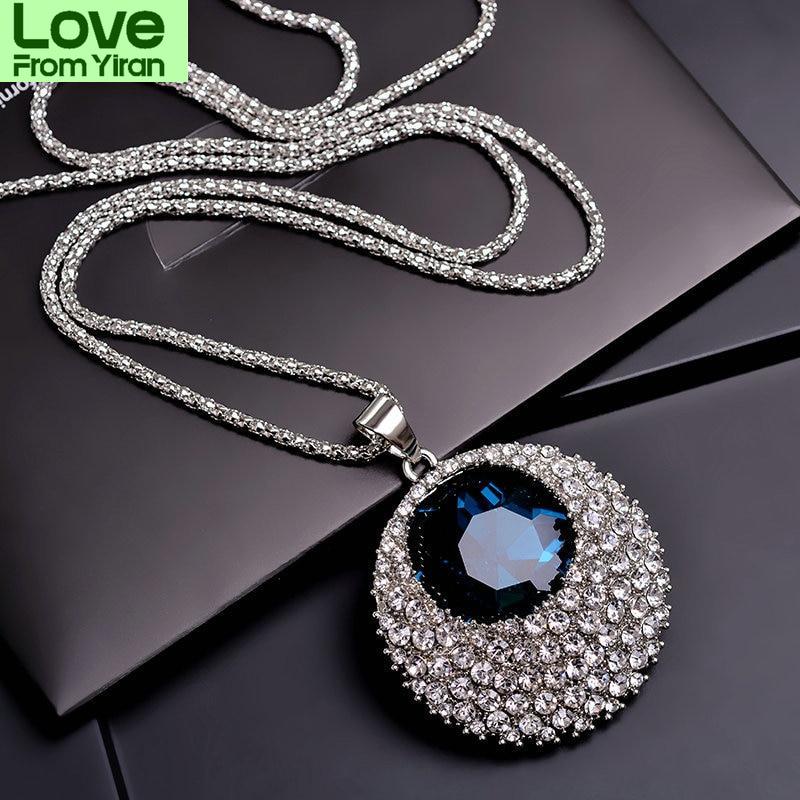 

Винтажное длинное ожерелье с синим кристаллом для женщин, бижутерия, модные ювелирные изделия, ожерелья и подвески, классический подарок в этническом стиле