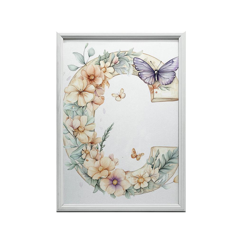 Plakat Kwiatowa Litera "C" Z Motylem Plakat Kwiatowa Litera "C" Z Motylem, 30X40 Cm, Rama Drewniana Biała, Papier Matowy 230 Gsm