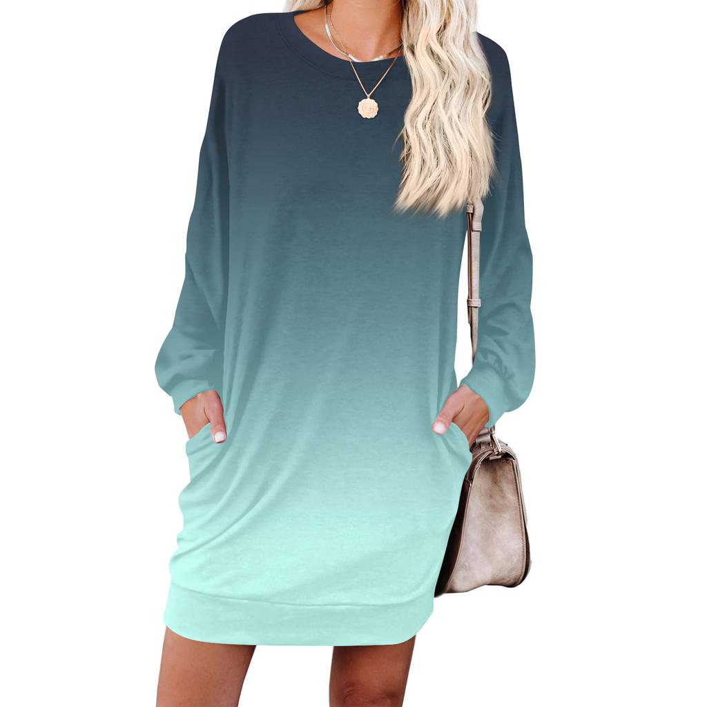 Women's Gradient Printed Fashionable Long-sleeved Round-neck Pocket Dress