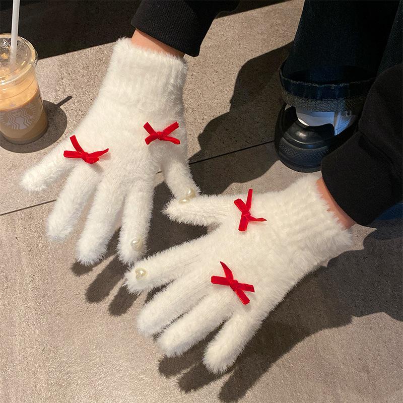 

Милые белые вязаные плюшевые перчатки для женщин на зиму, утолщенные и флисовые, теплые, холодостойкие и ветрозащитные для езды на велосипеде One size