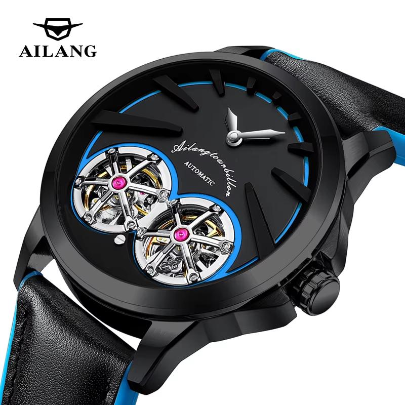 Domed Holographic Glass with Anti Glare AI LANG Fashion Watch Mechanic Automatic Double Tourbillon High-end Leather Wristwatch