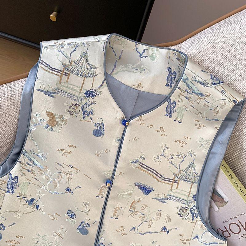Early spring vest high-end embroidered jacquard sleeveless vest buckle vest for women