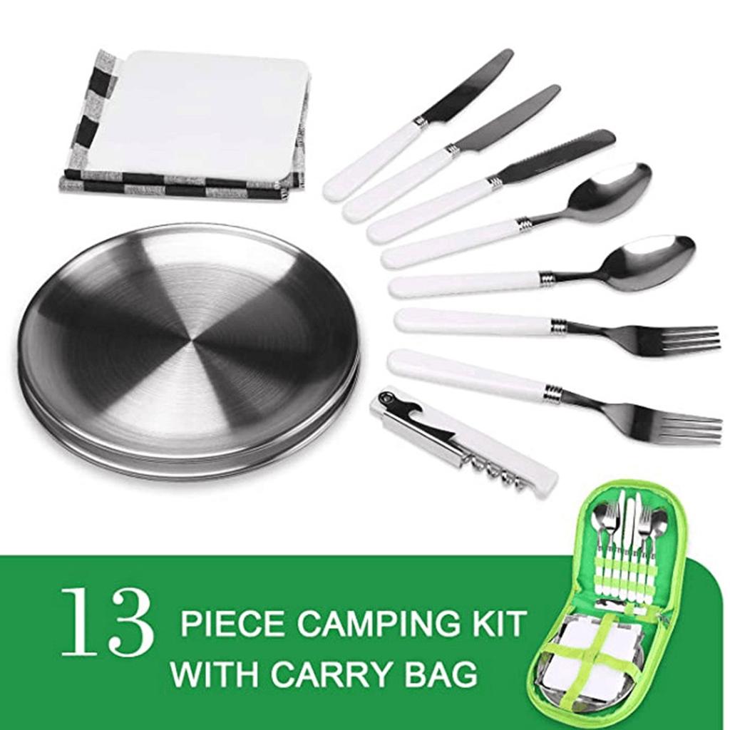 Camping Silverware Kit Stainless Steel Plate Spoon Wine Opener Fork Napkin Outdoor Picnic Kitchen BBQ Travel Utensil Picnic Set