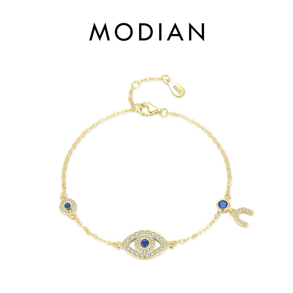 MODIAN Pure 925 Silver Luxury Turquoise Blue Eyes Clear Cubic Zircon Crystal Link Chain Bracelet For Women Fine Jewelry