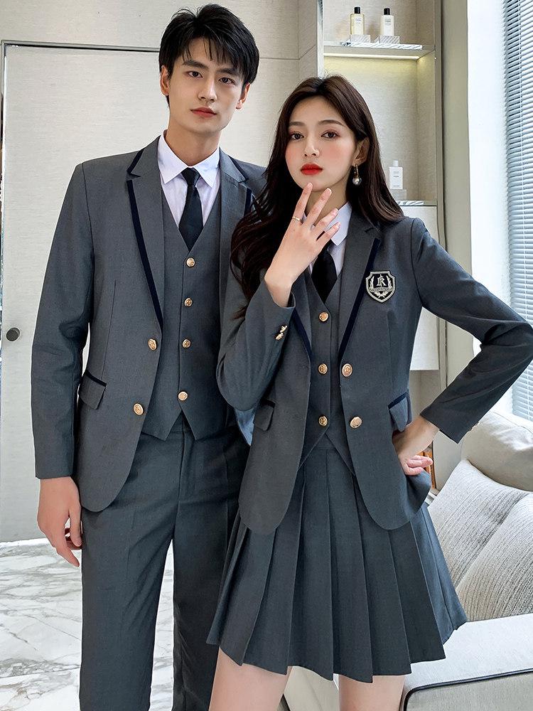 Unisex British College-Style Suit Jacket & Pleated Skirt Set: Stylish, Professional JK Uniform.