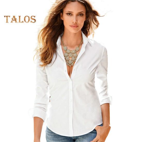 Women Slim Fit Shirt Cotton Long Sleeve Single-Breasted Blouse Solid Color Spring Autumn Lapel Shirt for Work Party Dating