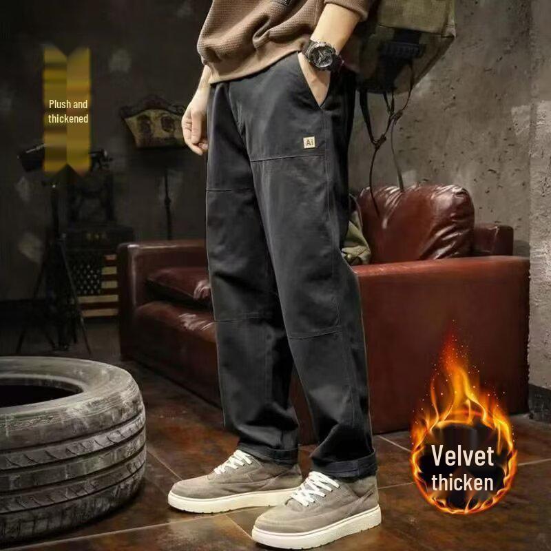 Men's Fleece-Lined Casual Cargo Pants - Straight Leg, Loose Fit, Plus Size, Autumn/Winter.