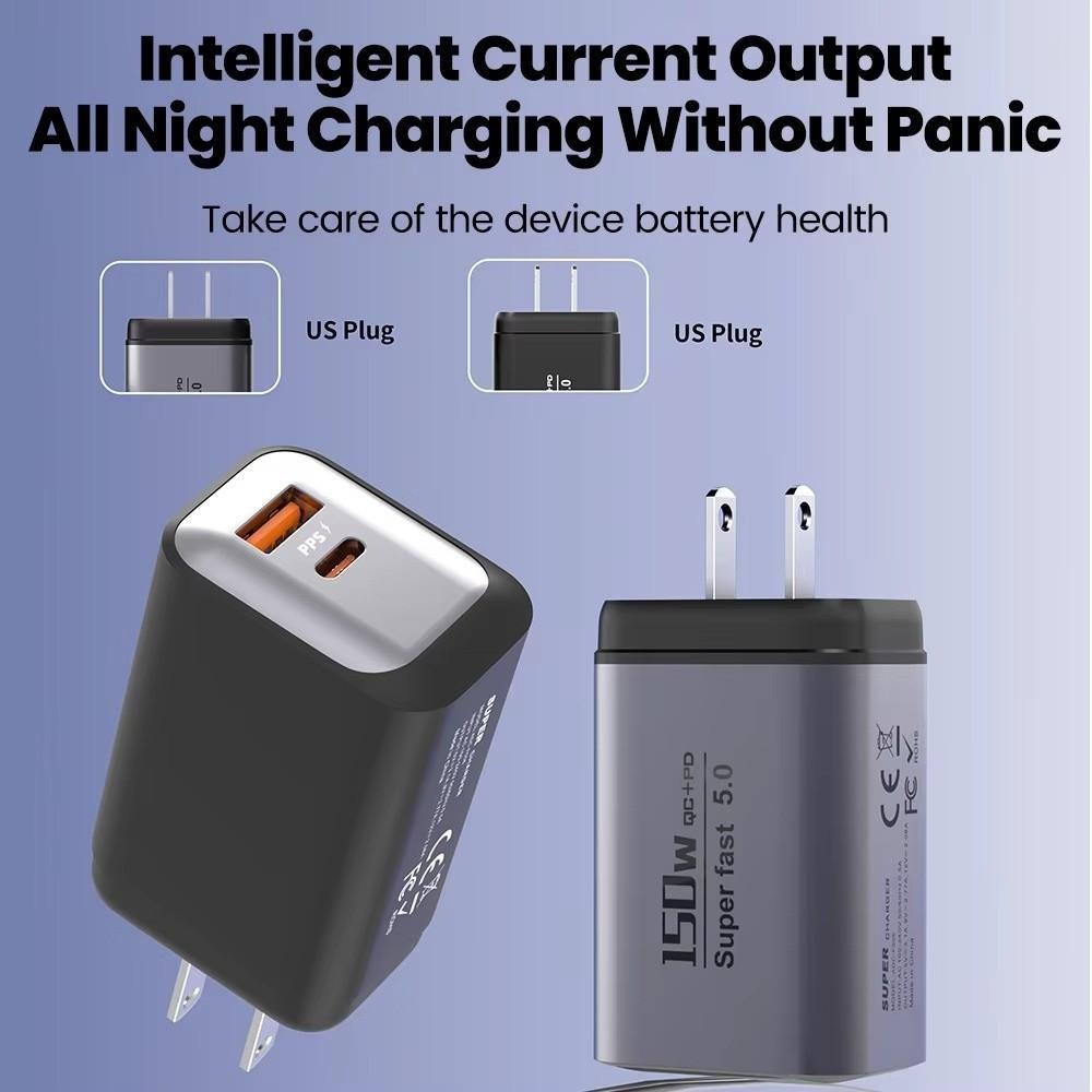 USB A+C 150W Charger Plug 2-Ports Quick Charge Adapter for Huawei/Xiaomi/Samsung