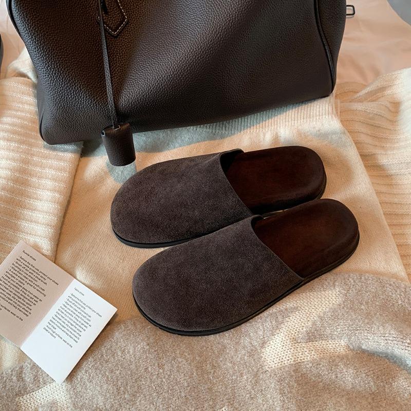 Cowhide Version of Grape Ma Lazy Versatile Round Head One Pedal Thick-soled Leather Bag Head Half Slippers Women