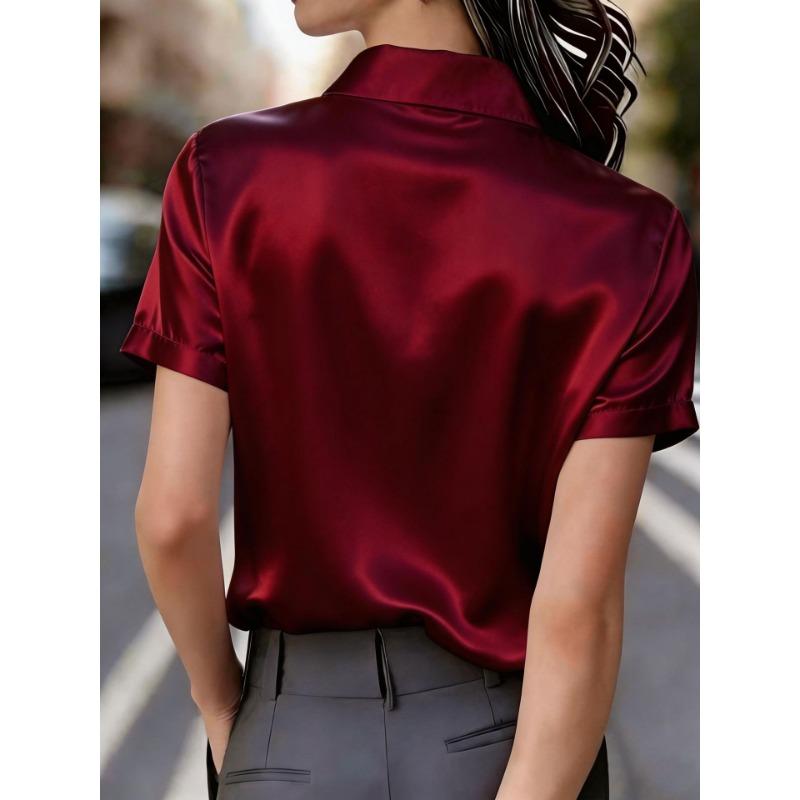 Elegant Satin Short Sleeve Shirt With Chest Pockets