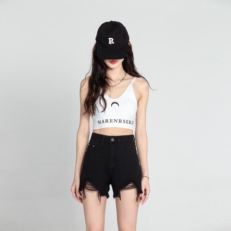 

852 Шорты А-силуэта с завышенной талией и рваным декором для женщин - Весенне-летние в гонконгском стиле S чёрный