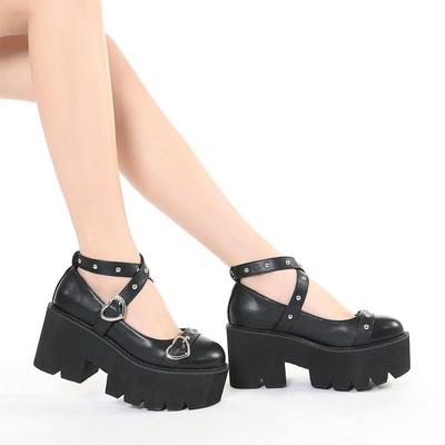Gothic Lolita Shoes Platform Mary Janes for Women Round Head Chunky Heel Cross Bandage Heart Buckle Kawaii Shoes Cosplay