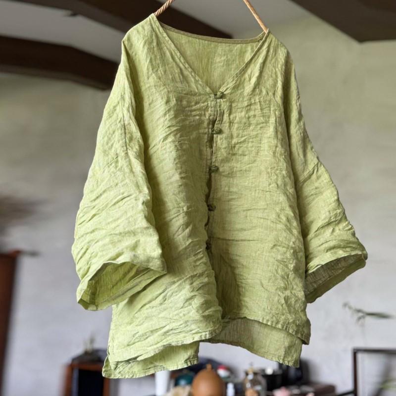 

Johnature Женские винтажные однотонные рубашки, топы с V-образным вырезом, длинные рукава, блузки, осенние свободные рубашки на пуговицах