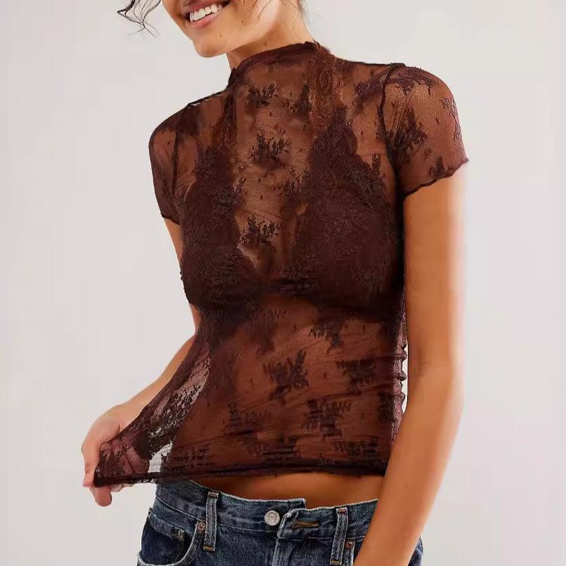Women's Casual Solid Color Woven Semi-turtleneck Top Bottoming Shirt Sexy Long-sleeved T-shirt See-through Top
