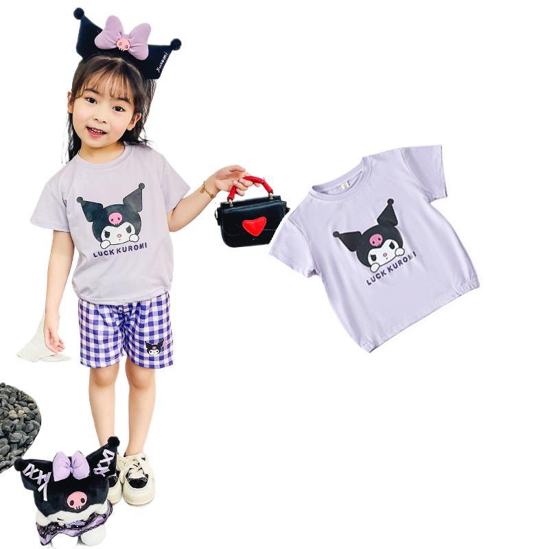 Girls Summer Fashion Plaid Shorts with Cute Cartoon Print Short Sleeve Set