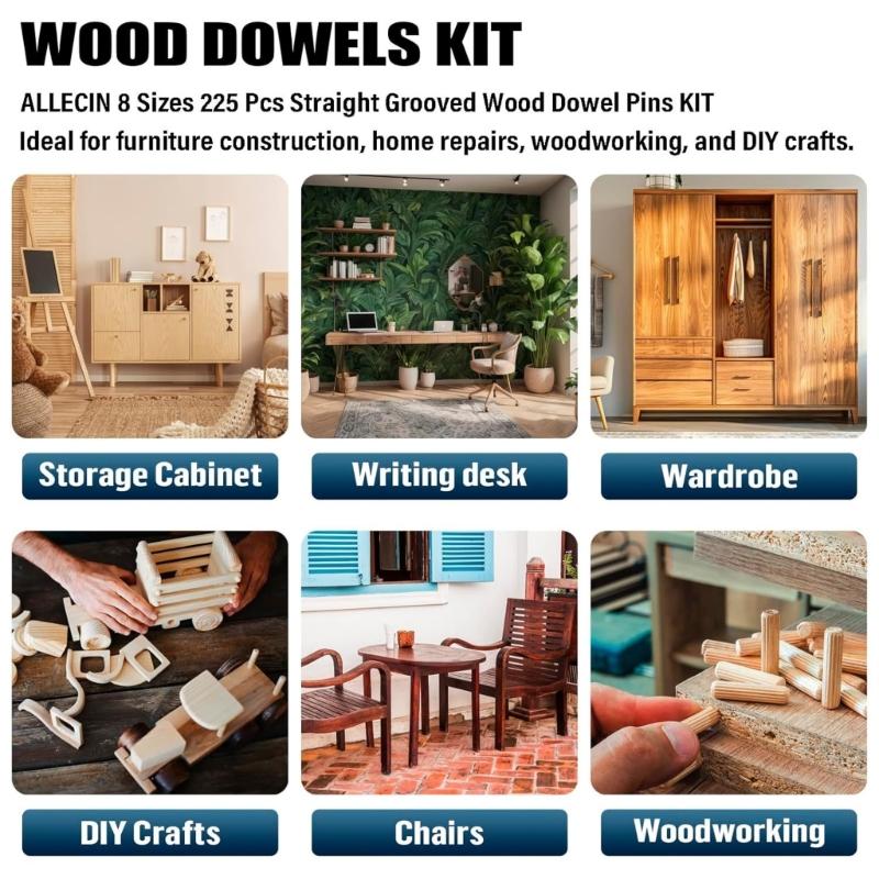 225Pcs 6/8/10mm Wood Dowels Furniture Fitting Dowel Pin Hard Wood Grooved Plugs Furniture Woodwork Grooved Fluted Pin