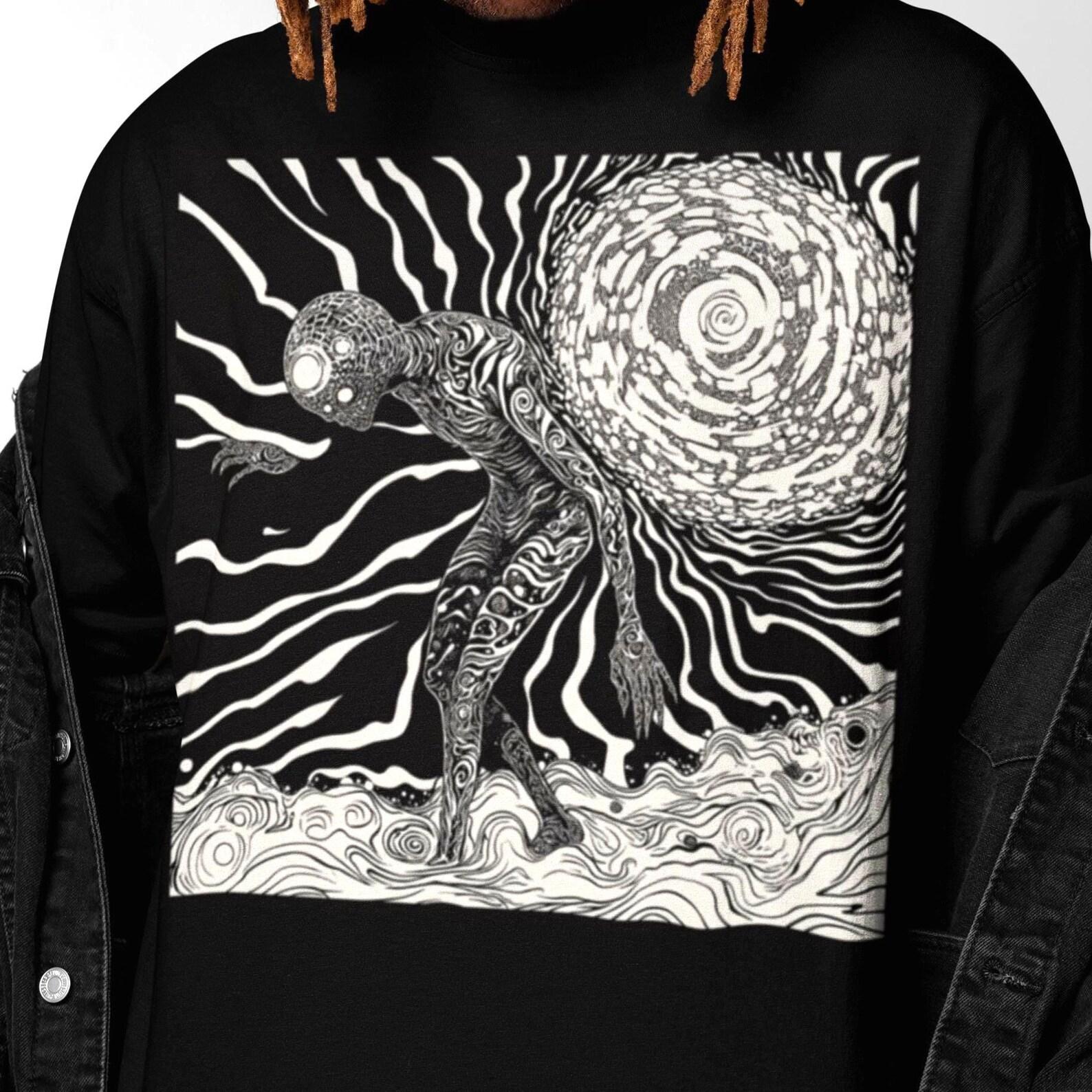 Psychedelic Humanoid Horror Shirt | Black Hole Void Human Tee S