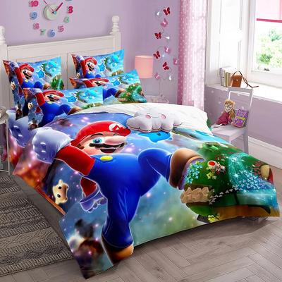 Kreskówkowy uroczy nadruk poszwa na kołdrę z poszewką na poduszkę, domowy zestaw pościeli, nadruk anime Mario, dekoracja sypialni, prezent poszwa na kołdrę dla dzieci