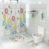Hochwertiges Kleines Frisches Duschvorhang-Set Weiße Blumen Aufdruck Badezimmer Vorhänge Anti-Rutsch-Teppich Toilettendeckelbezug Badezimmerteppich