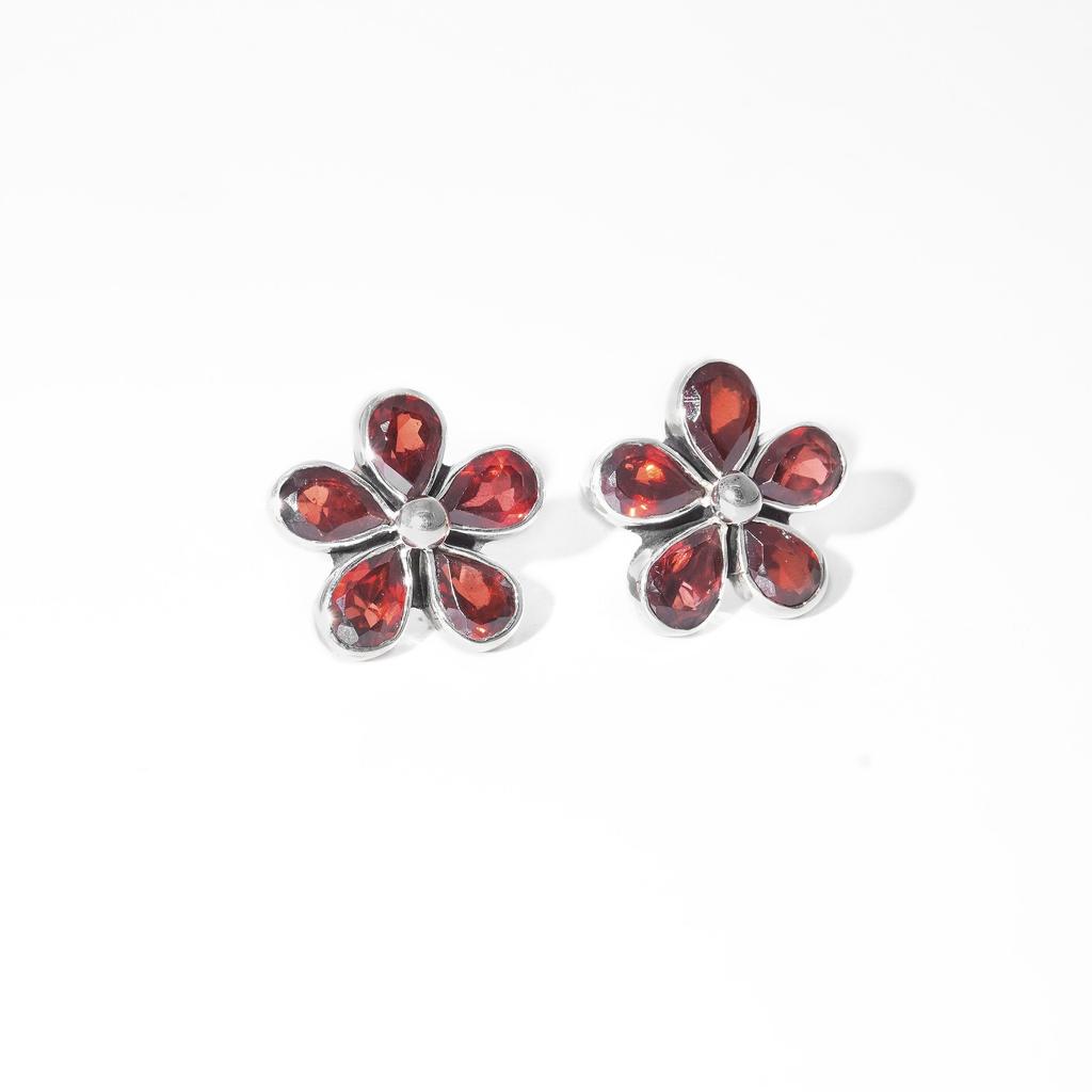 Garnet Flower Stud Earrings: 925 Sterling Silver Dainty Studs