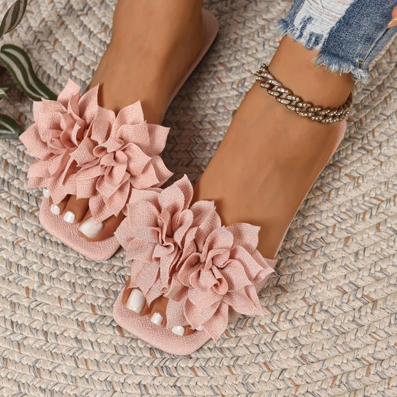 One Word Flat Slippers Women Solid Color Flower One Pedal Home Slippers Women Omns Lippers