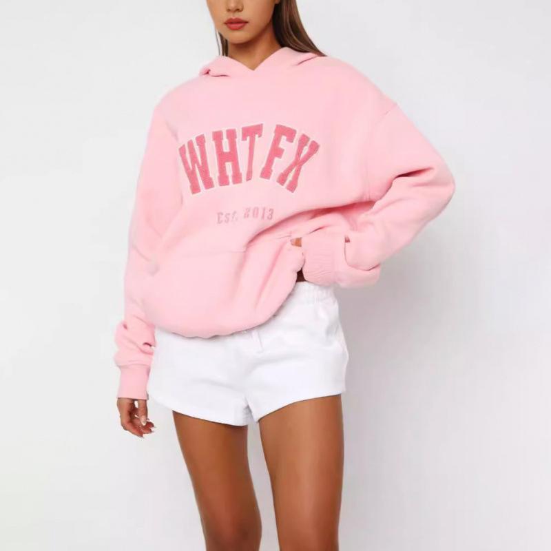 Ladies Spring Autumn Casual Hooded Long Sleeve Big Pocket Letter WHT FX Printed Pullover Hoodies Sweatshirt Top