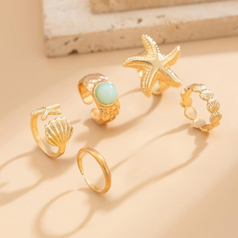 Mixed Design Toe Ring Set with Open Adjustable Bands and Gold Tone Finish, Starfish Shell Foot Rings for Beach Vacation Sandals and Casual Summer