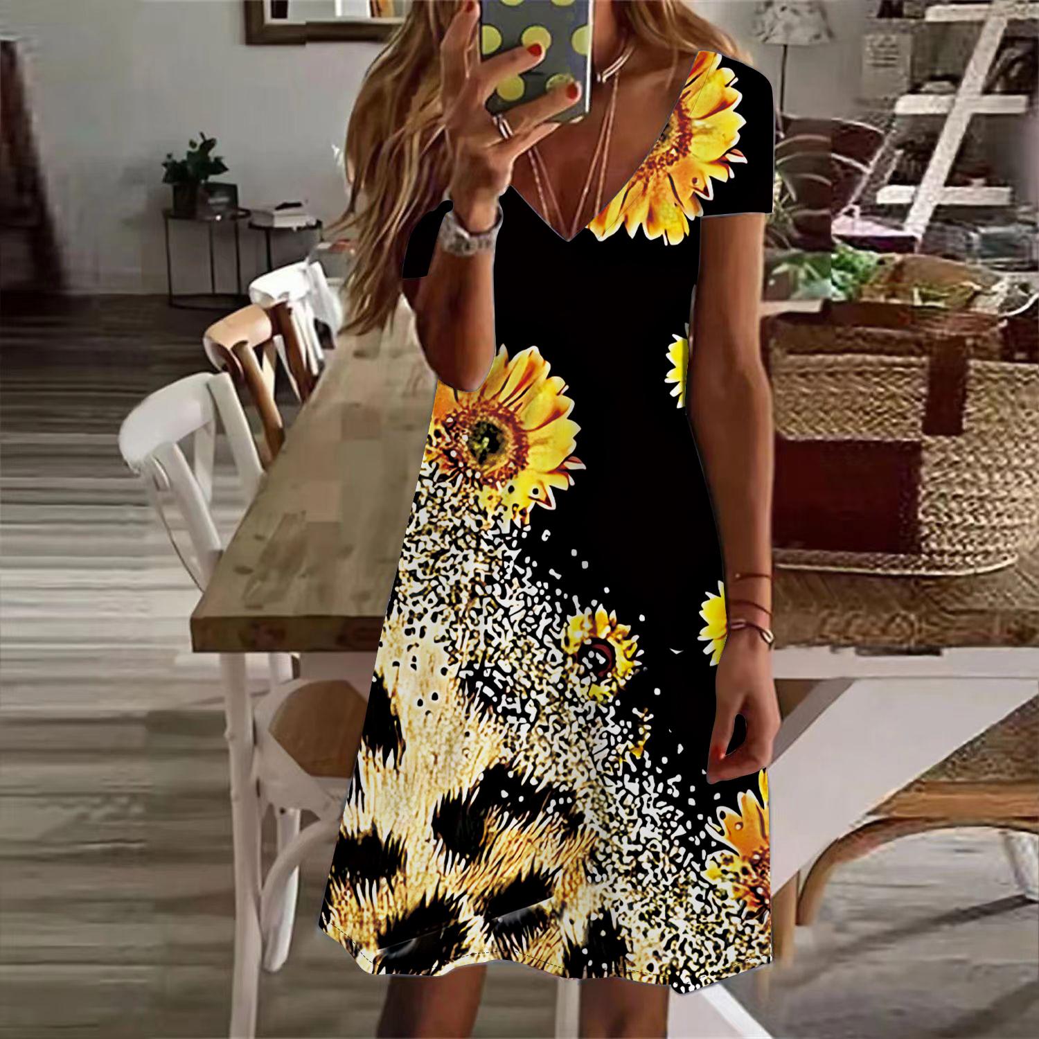 

Летняя мода женские V-образный вырез короткий рукав подсолнечник принт платье сексуальные короткие юбки платья 8XL коричневый