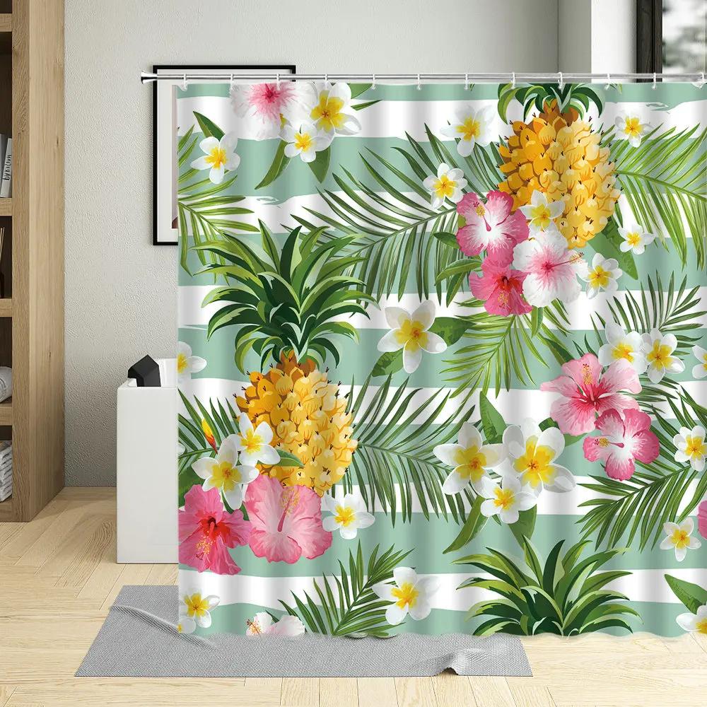 Tropical Pineapple Shower Curtains Watercolor Fruit Leaves Palm Leaf Flower Plant Bath Curtain Sets Modern Fabric Bathroom Decor