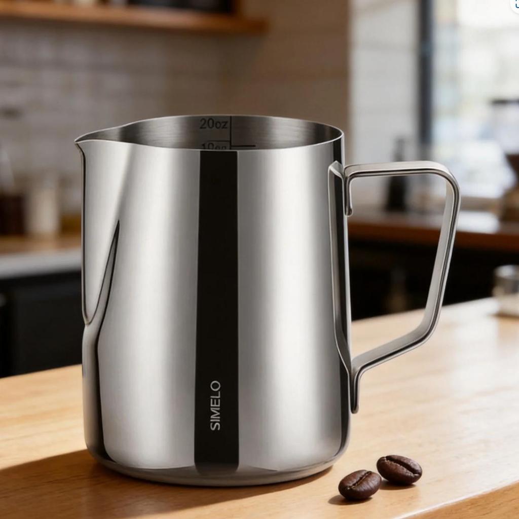 SIMELO Coffee Art Latte Art Pitcher, 304 Stainless Steel Pointed Spout Coffee Cup, Milk Frother Cup, 600ML with Scale