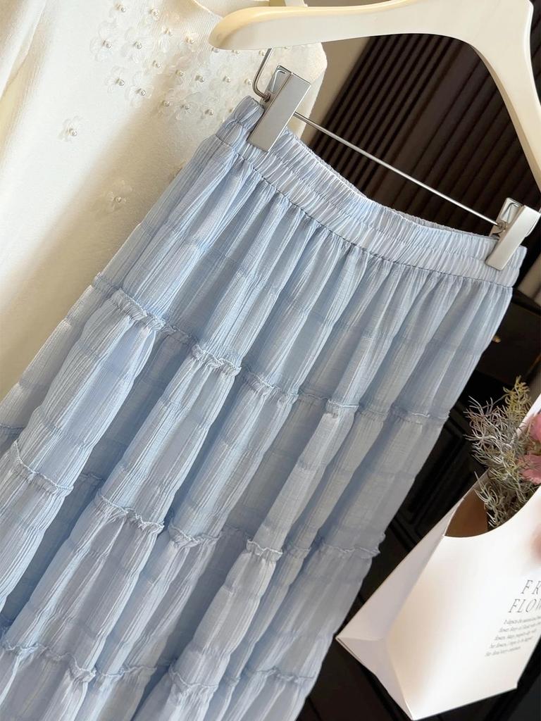 2026 Spring/Summer High-Waisted Slimming A-Line Pleated Skirt for Women - Gentle Sweet Cake Style, Hip-Covering and Long Length.