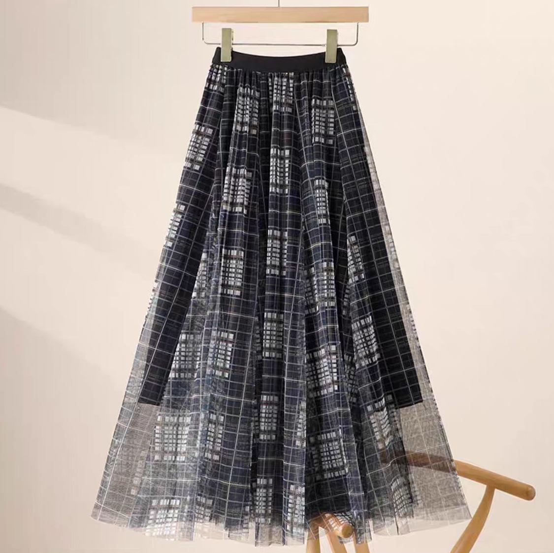 Elegant Plaid Patchwork Mesh Skirt with Large Pleated Hem One Size